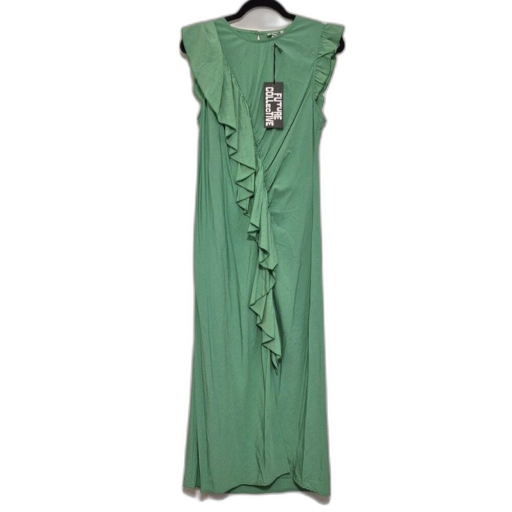NWT Future Collective Kelly Green Cascading Ruffle Maxi Dress M Flutter Sleeve
